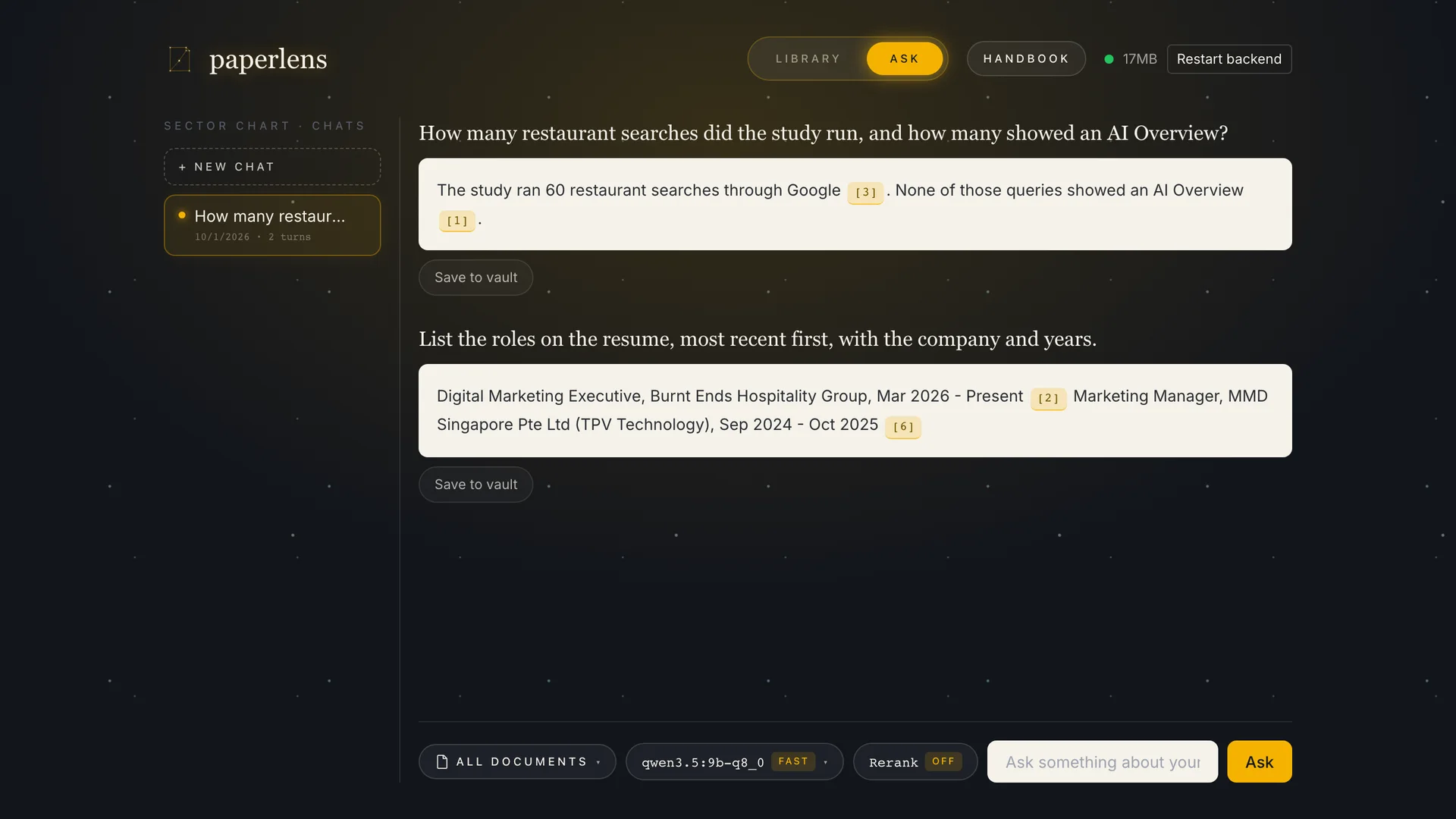 Paperlens Ask view with two questions answered: how many restaurant searches the study ran and how many showed an AI Overview, and the roles on the resume. Each answer carries numbered citation chips, and the local model and rerank setting sit beside the input.